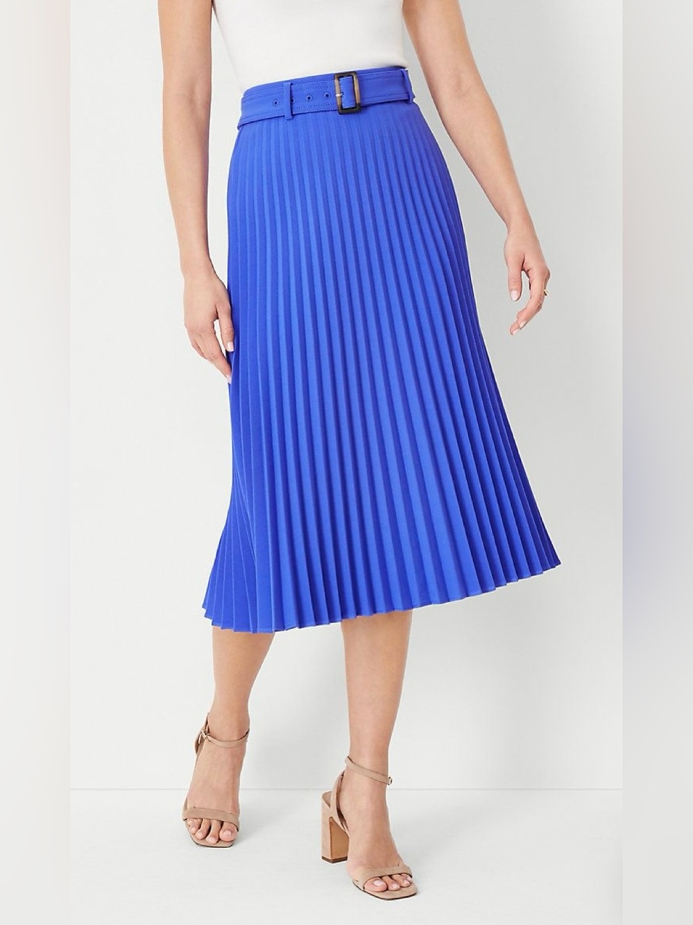 Pleated Midi Skirt with Belt - Royal Blue